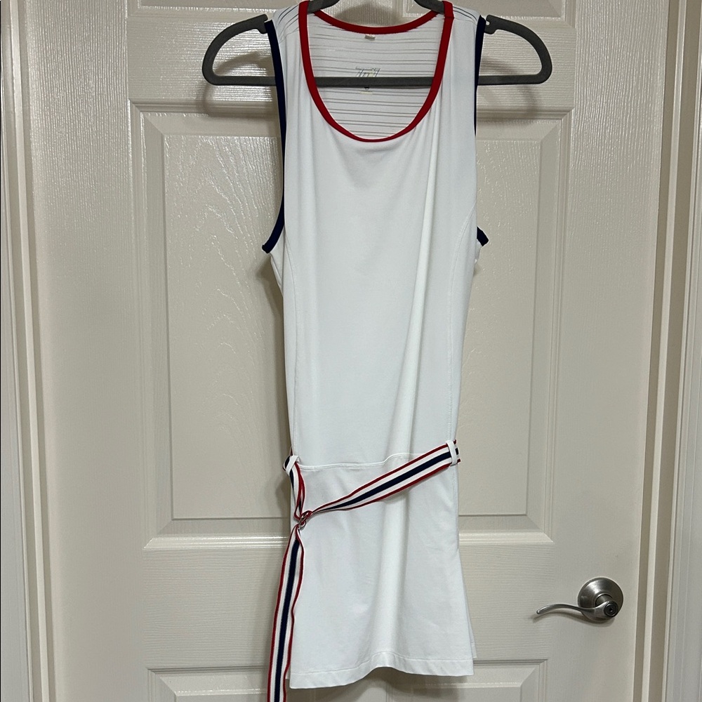 Tail White Mini Dress Tennis Apparel with Red and Blue Trim and Adjustable Belt - Picture 1 of 8